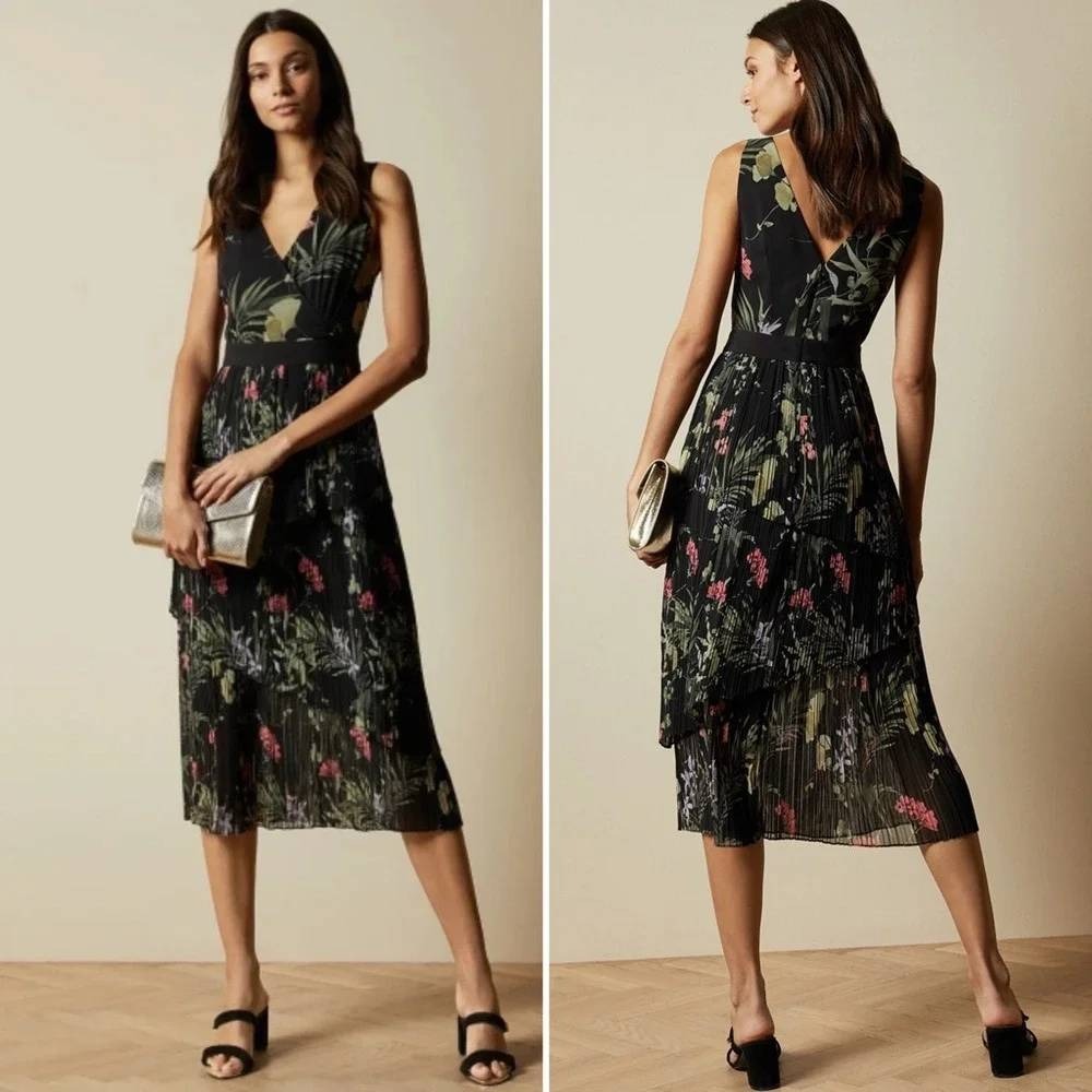 Ted Baker Black Floral V Necvk Malinae Highland Tiered Pleated Midi Dress 4 US10